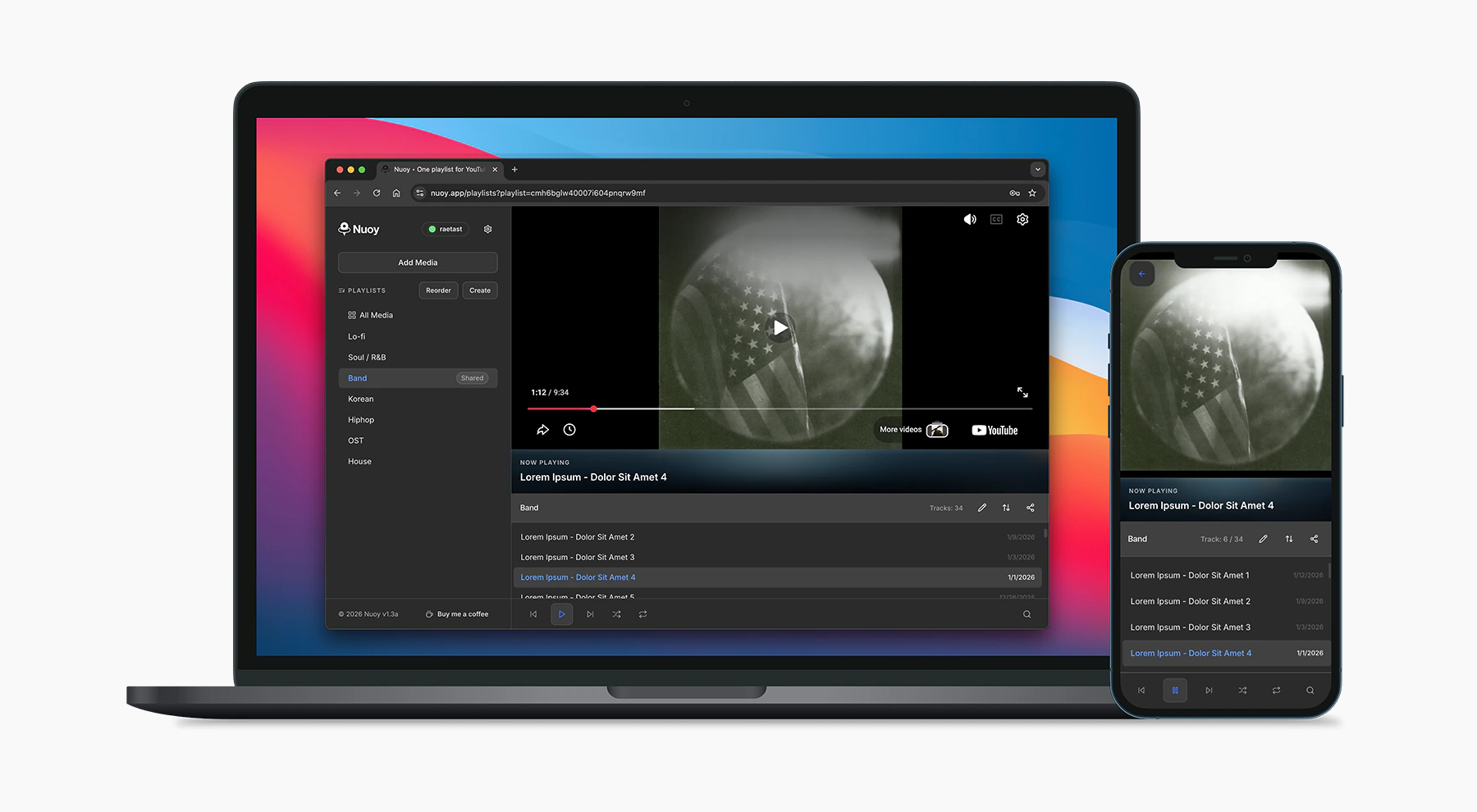 Nuoy interface shown across desktop and mobile devices.