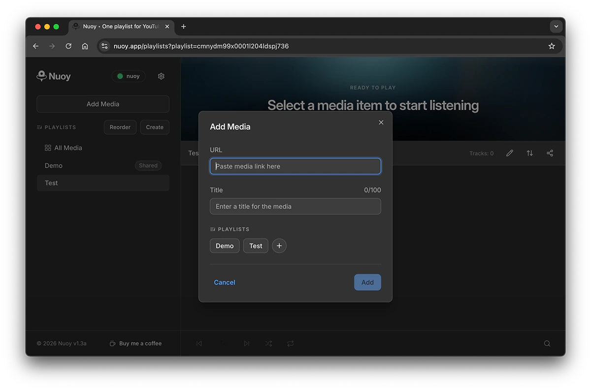 Nuoy interface showing playlist management, playback and media editing.
