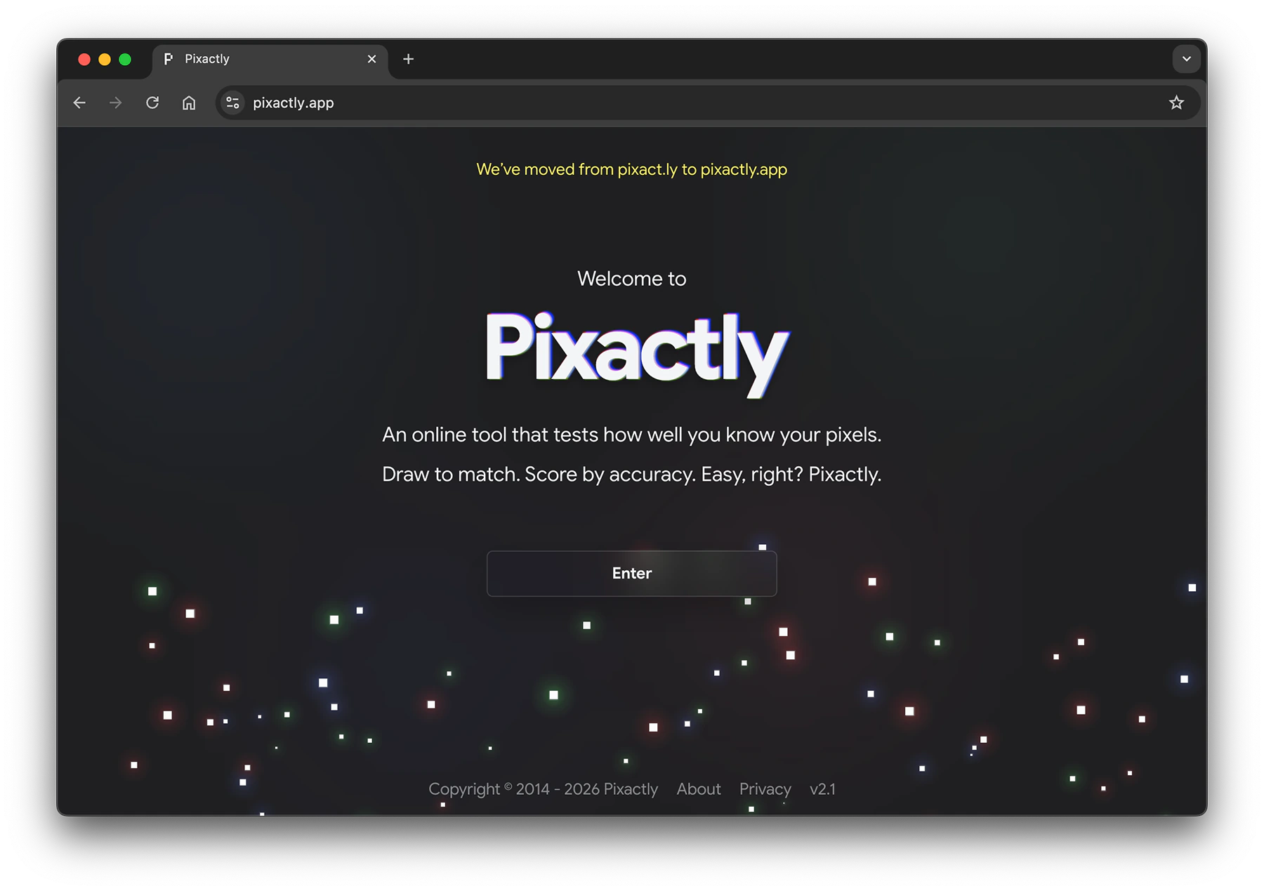 Pixactly gameplay screen showing a pixel size guessing challenge.