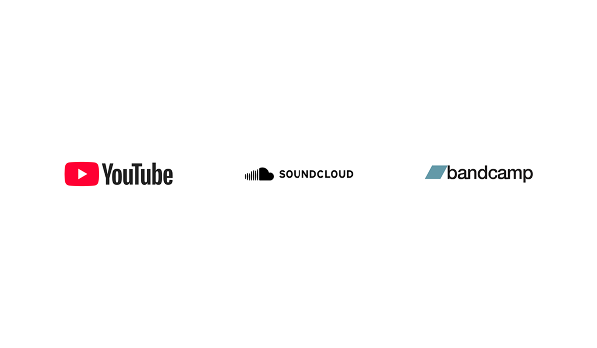 Nuoy platform logos for YouTube, SoundCloud, and Bandcamp.