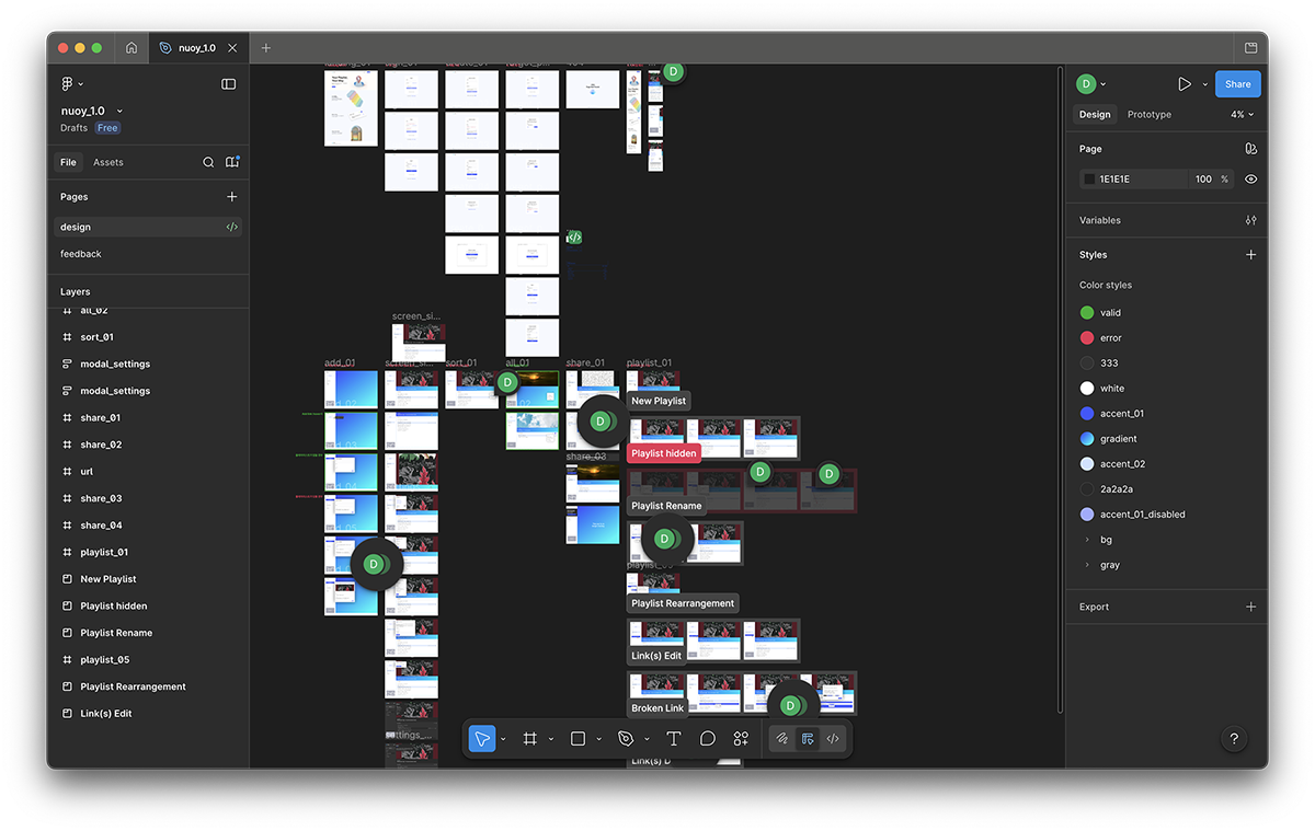 Nuoy design file showing product flows, screens, and interface states.