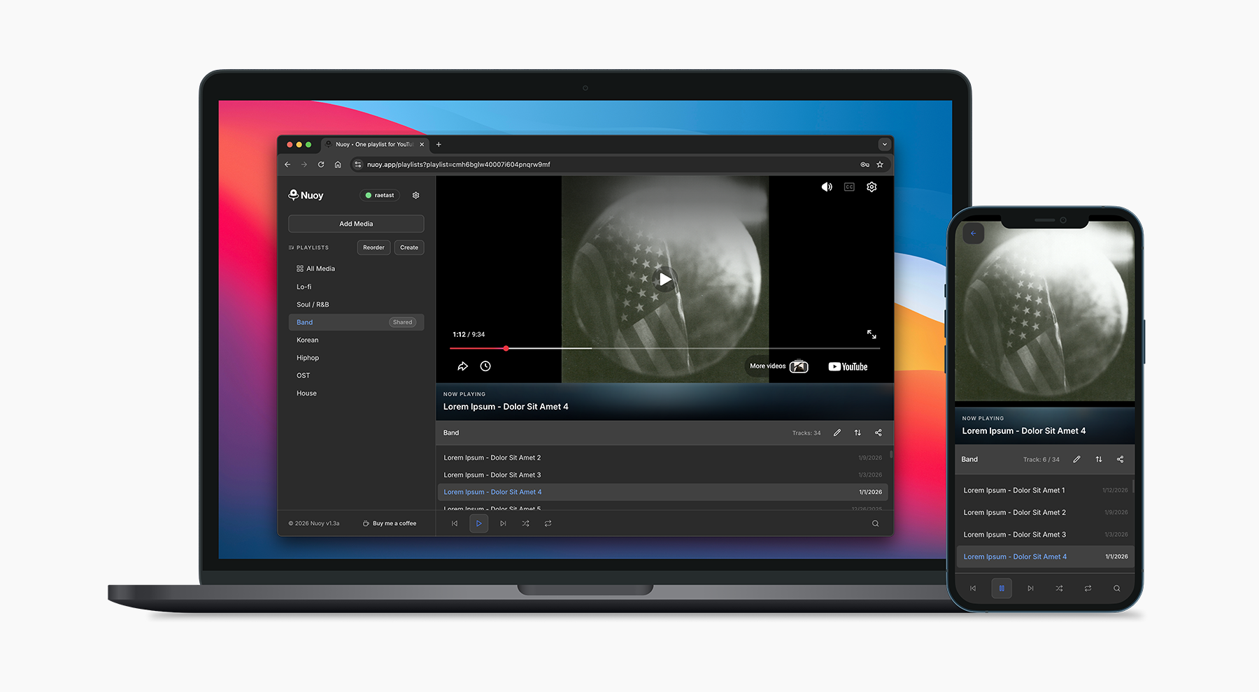 Nuoy interface shown across desktop and mobile devices.