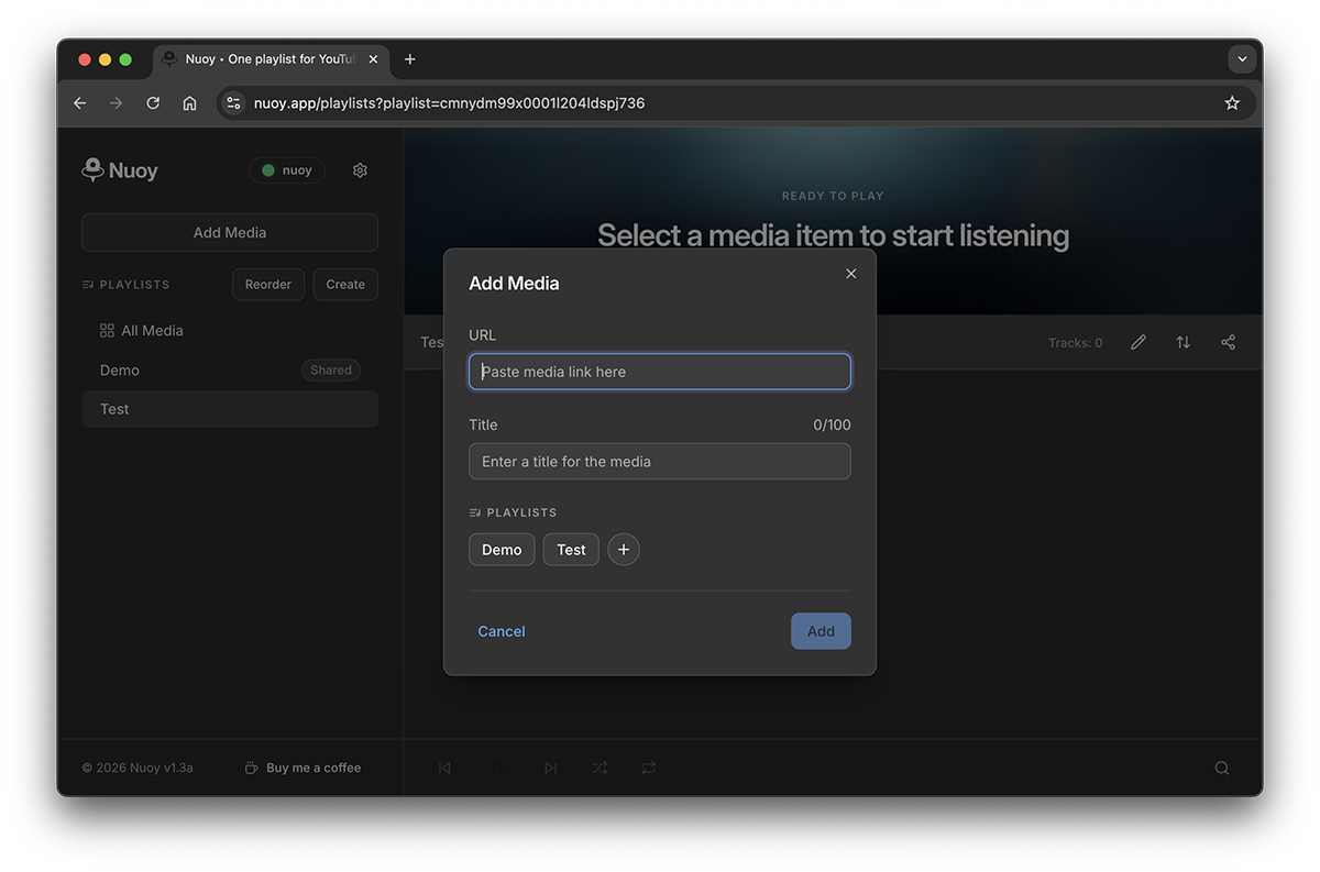 Nuoy interface showing playlist management, playback, and media editing.