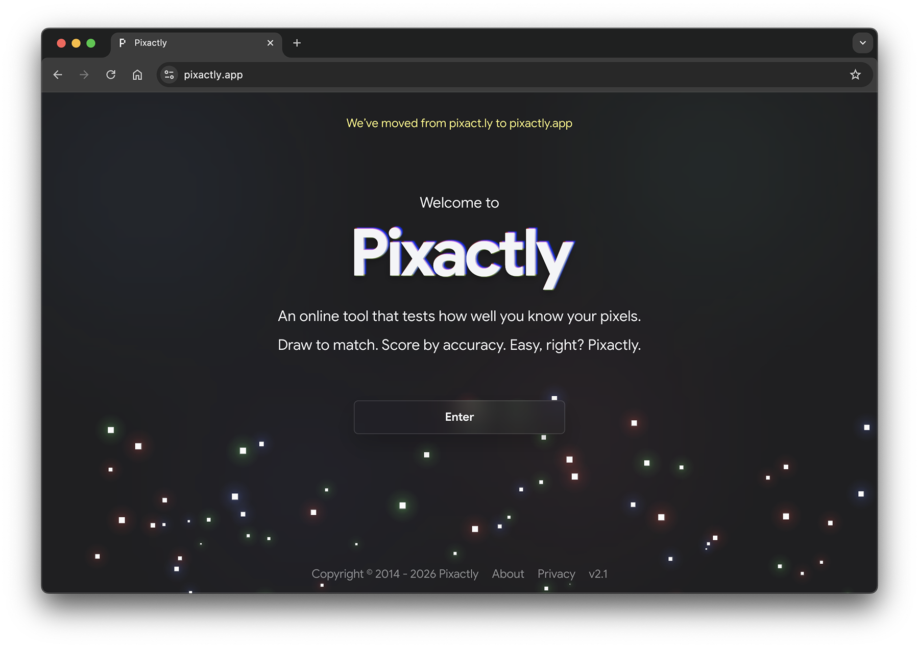 Pixactly gameplay screen showing a pixel size guessing challenge.
