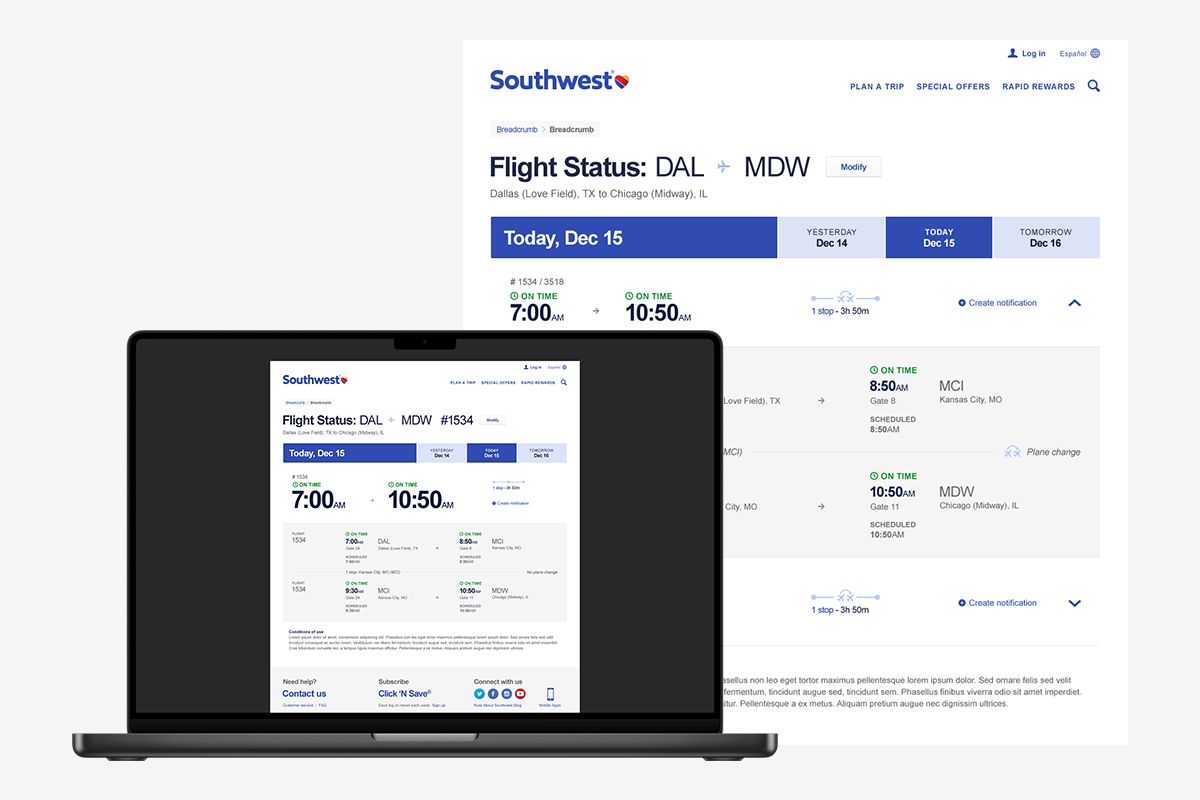 Southwest Airlines flight status and booking interface redesign.
