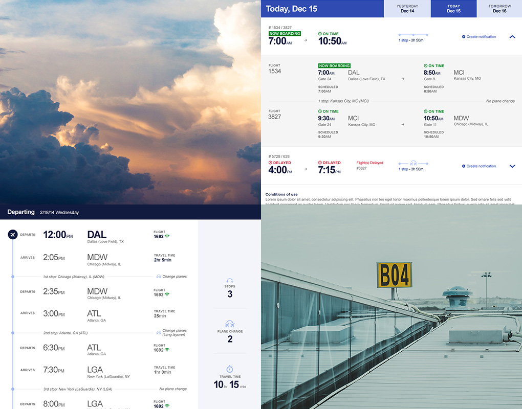 Southwest Airlines flight status interface and travel itinerary concept.